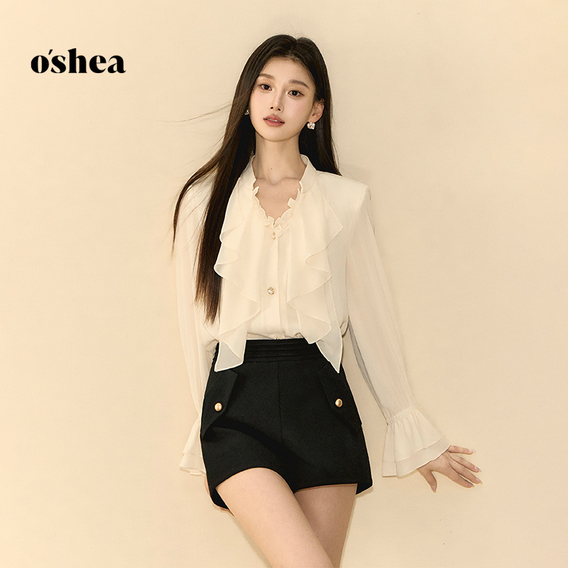oshea【官方专享】茉莉白法式v领衬衫女春长袖荷叶边设计感气质上衣