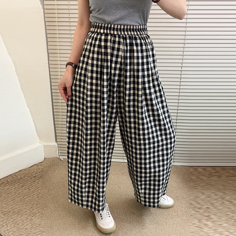 复古格子松紧腰休闲裤女夏季宽松显瘦哈伦裤百搭日系气球九分裤子