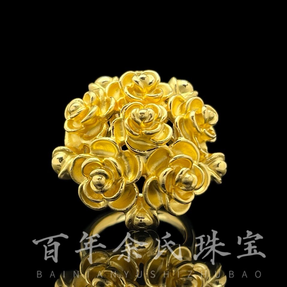 【花团锦簇】—足金999黄金素金5D手捧花戒指固口