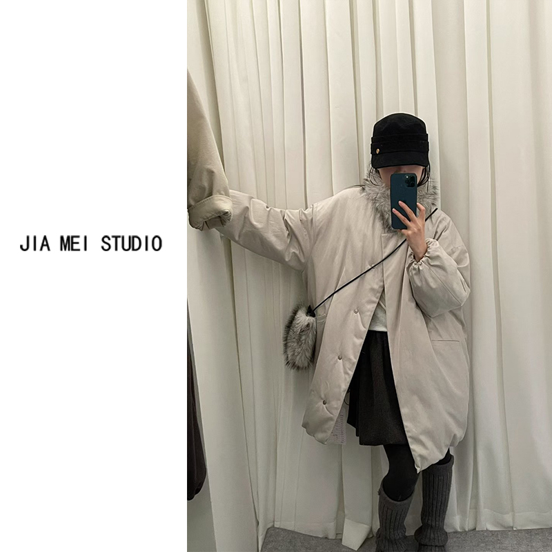 A267冬百搭毛领一手长设计感时尚宽松保暖羽绒服外套配包包派克服