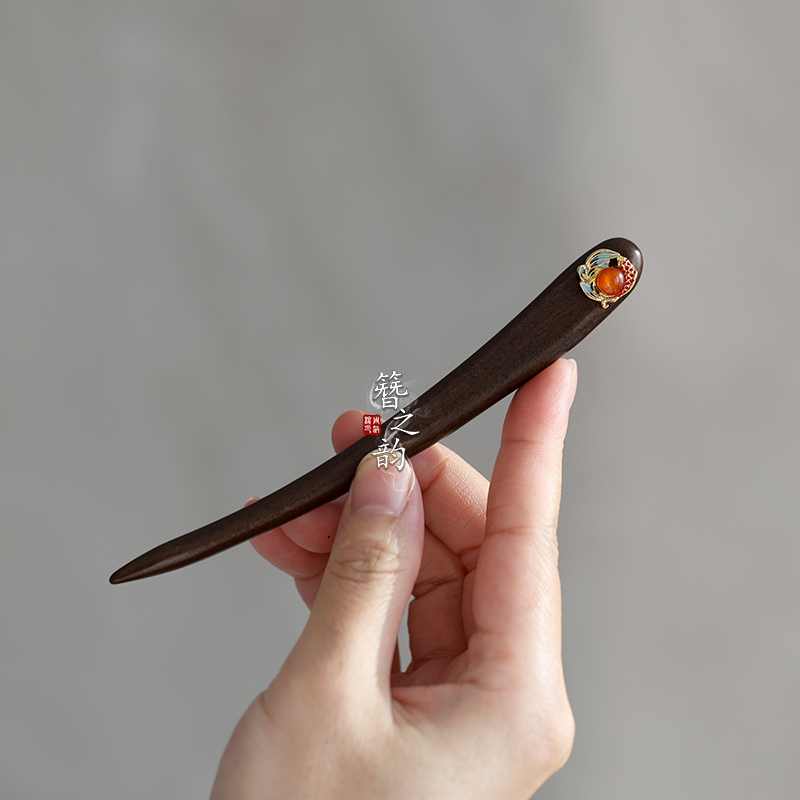 簪之韵【锦鲤上岸】檀木发簪子短簪双面鲤鱼实木发饰盘发古风新中式