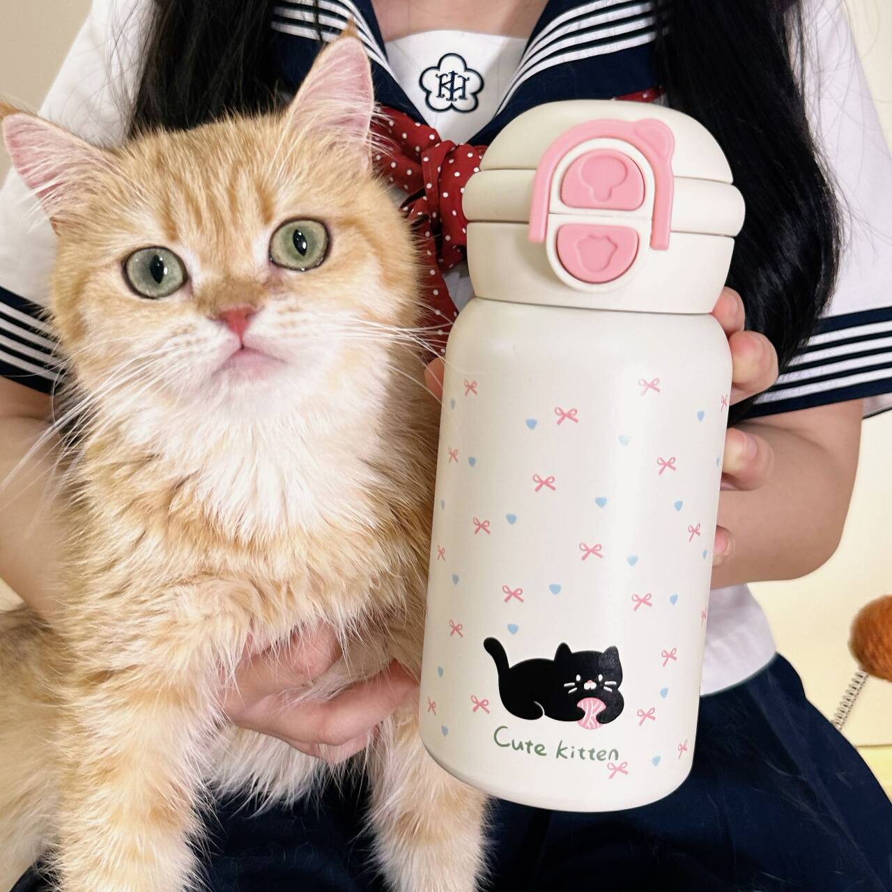 恒度小猫316不锈钢保温水杯女款高颜值2025新款保温杯带吸管杯子