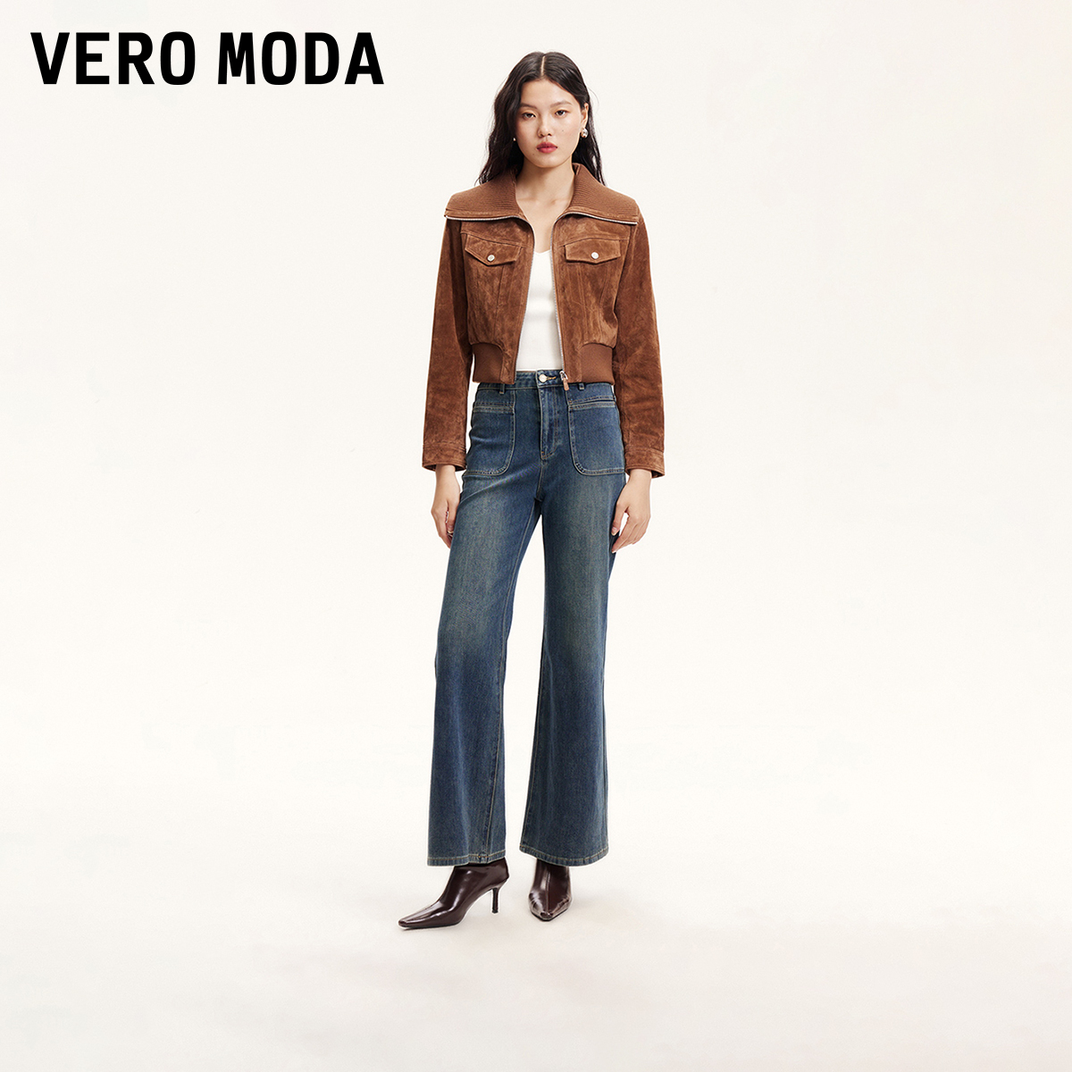 Vero Moda牛仔裤女2025新款水洗磨白复古微喇裤时尚洋气小众百搭