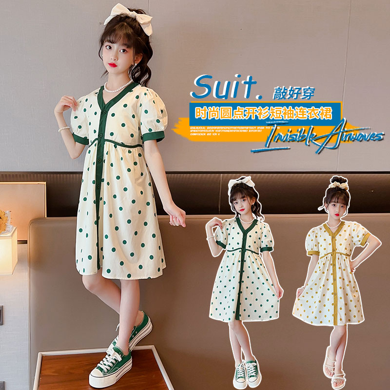 2025夏季新款中大童韩版连衣裙小女孩时尚潮范V领波点公主裙儿童.
