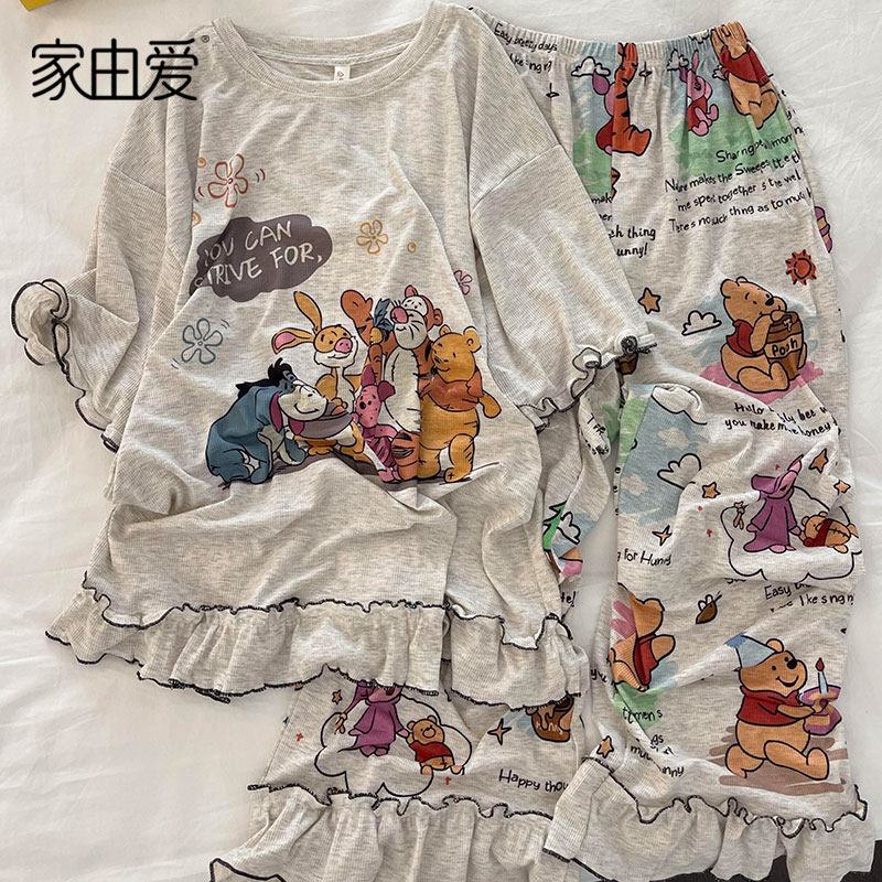 卡通维尼熊睡衣套装女夏季薄款凉感短袖长裤可外穿休闲宽松家居服