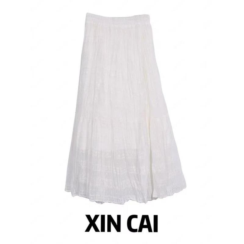 XINCAI高腰半身裙蕾丝百搭时尚百褶裙裙子网纱裙白色气质夏季A字