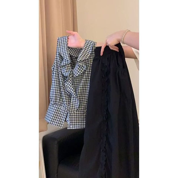 韩系甜美风木耳边格纹衬衫背心女夏季新款显瘦百搭半身裙套装2405