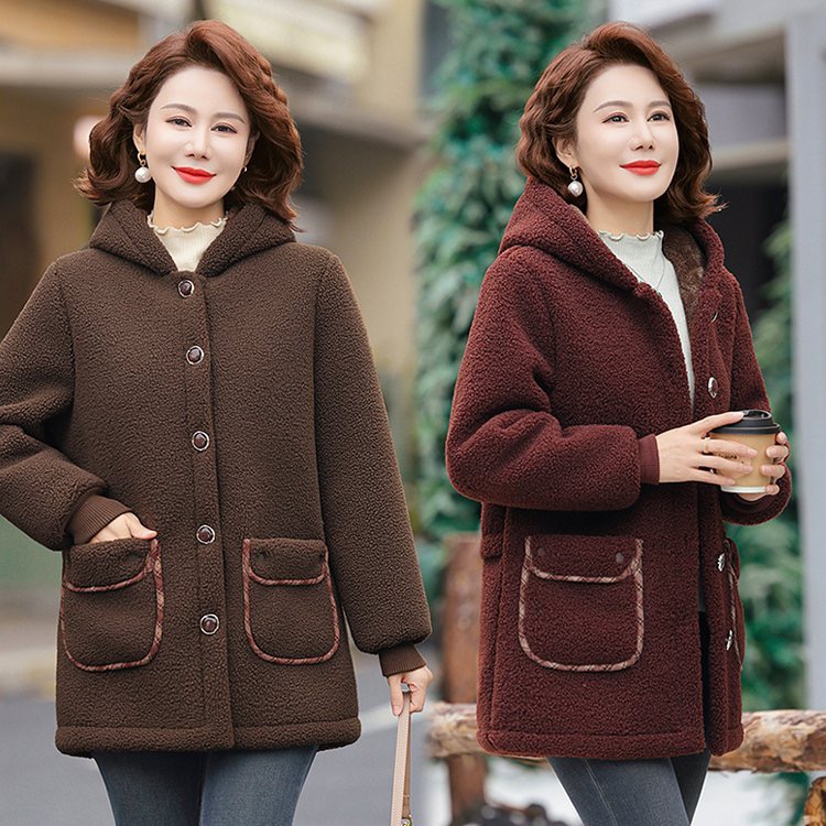 [加绒加厚】妈妈装颗粒绒时尚2024连帽外冬新款中老年洋气休闲上衣