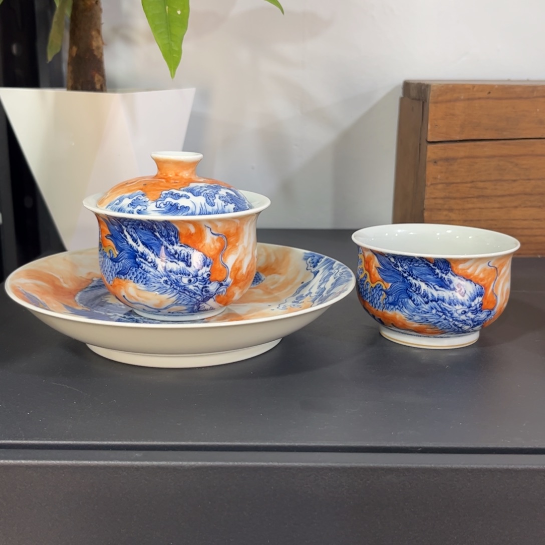 杯001青花矾红错金银鱼化龙三件套 可拆分