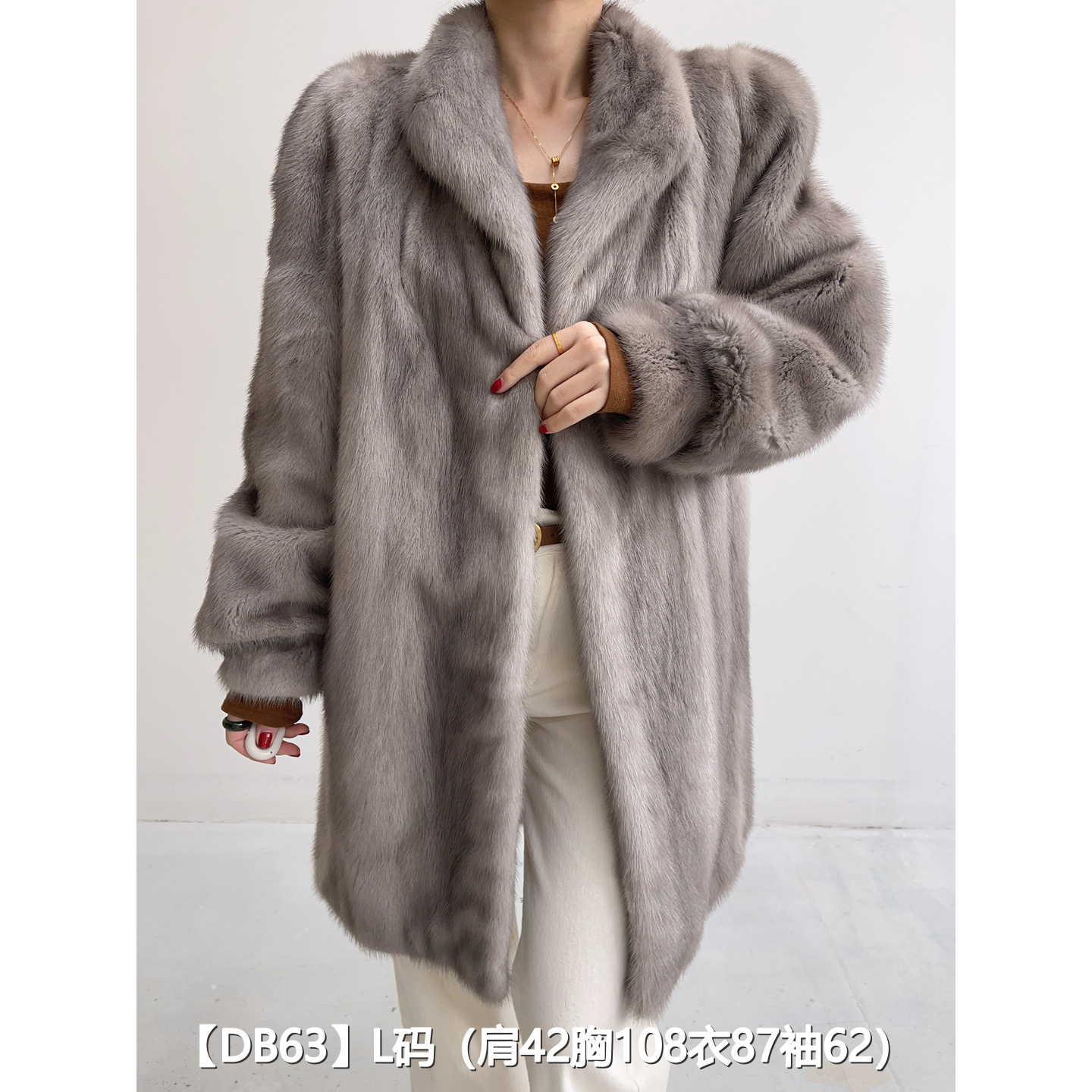 【DB63】L 银灰色中长款全抽貂皮大衣外套女 翻立领泡泡袖 50063
