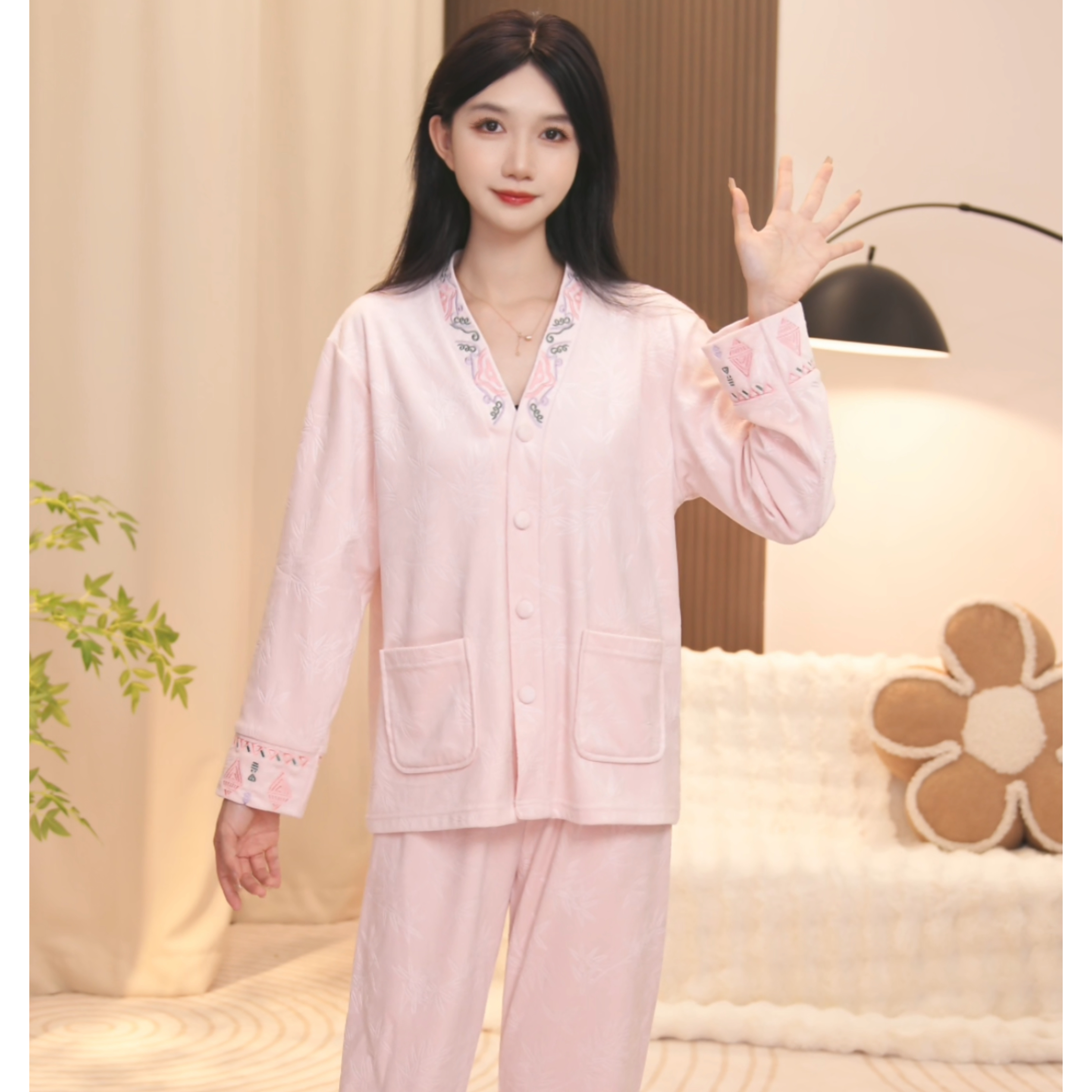 琪琪家春夏款时尚舒适睡衣女士套装可外穿家居服CQQ