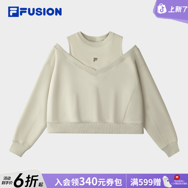FILA/斐乐潮牌女秋季爆款圆领露肩上衣百搭设计感长袖T11W545204F