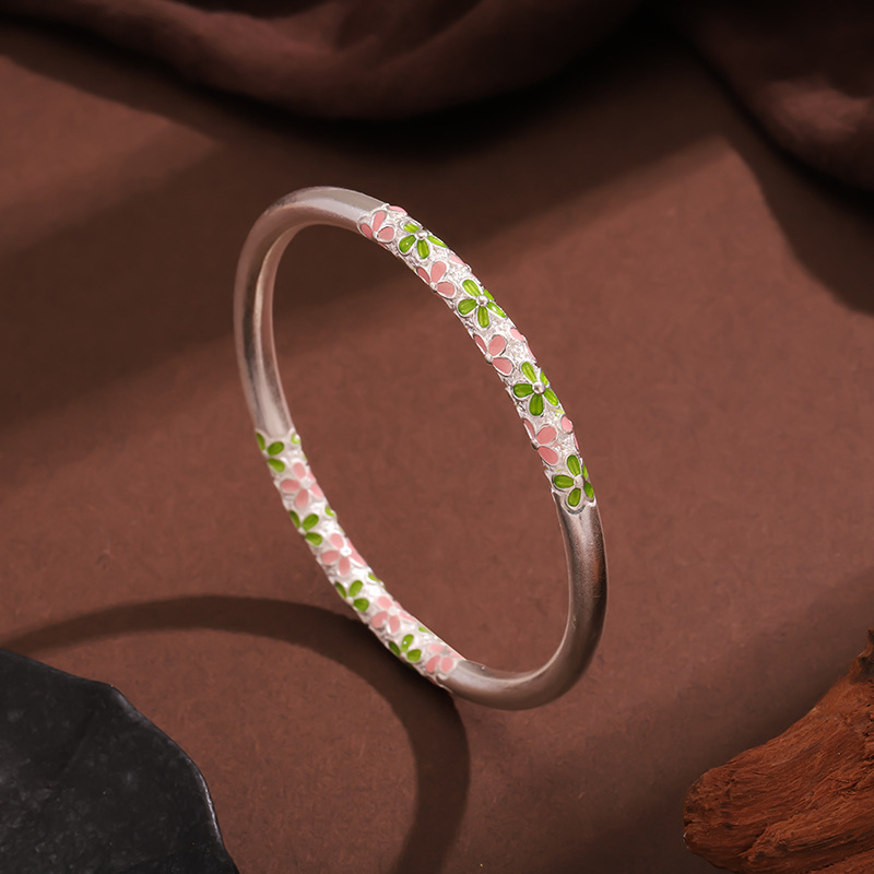 非金属珐琅手镯 999.9银【春黛】珐琅彩粉绿双色卷草纹闭口手镯