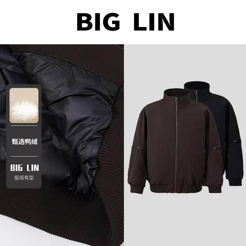 BIG林25ss城市休闲美式复古90白鸭绒龟背款铆钉点缀立领羽绒服666