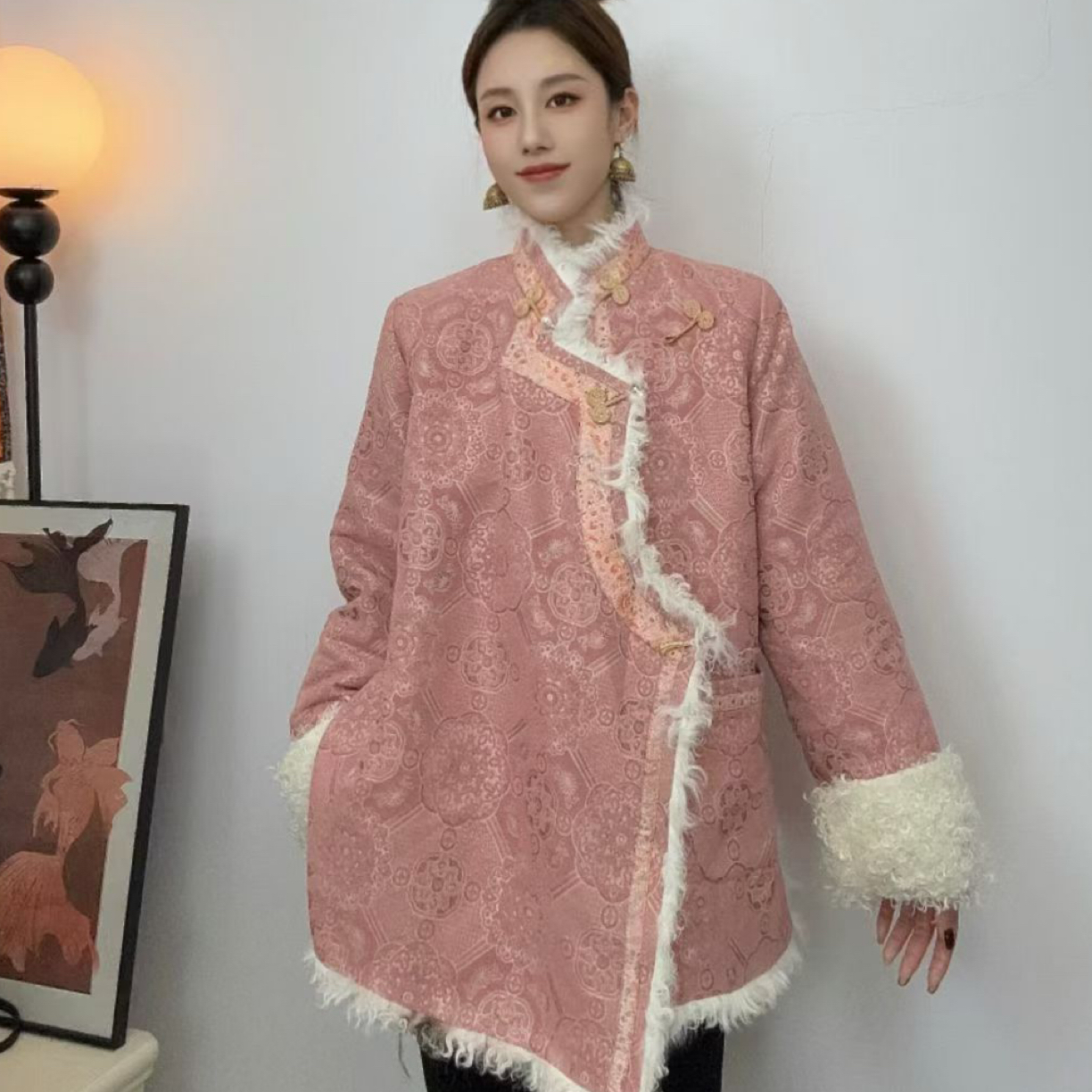 藏式加毛加厚立领外套冬季保暖宽松民族风雪尼尔彩绳花边女款