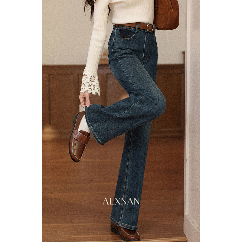 【品牌撤柜款ZB】蓝色高腰牛仔裤女冬显瘦遮肉直筒长裤L57588