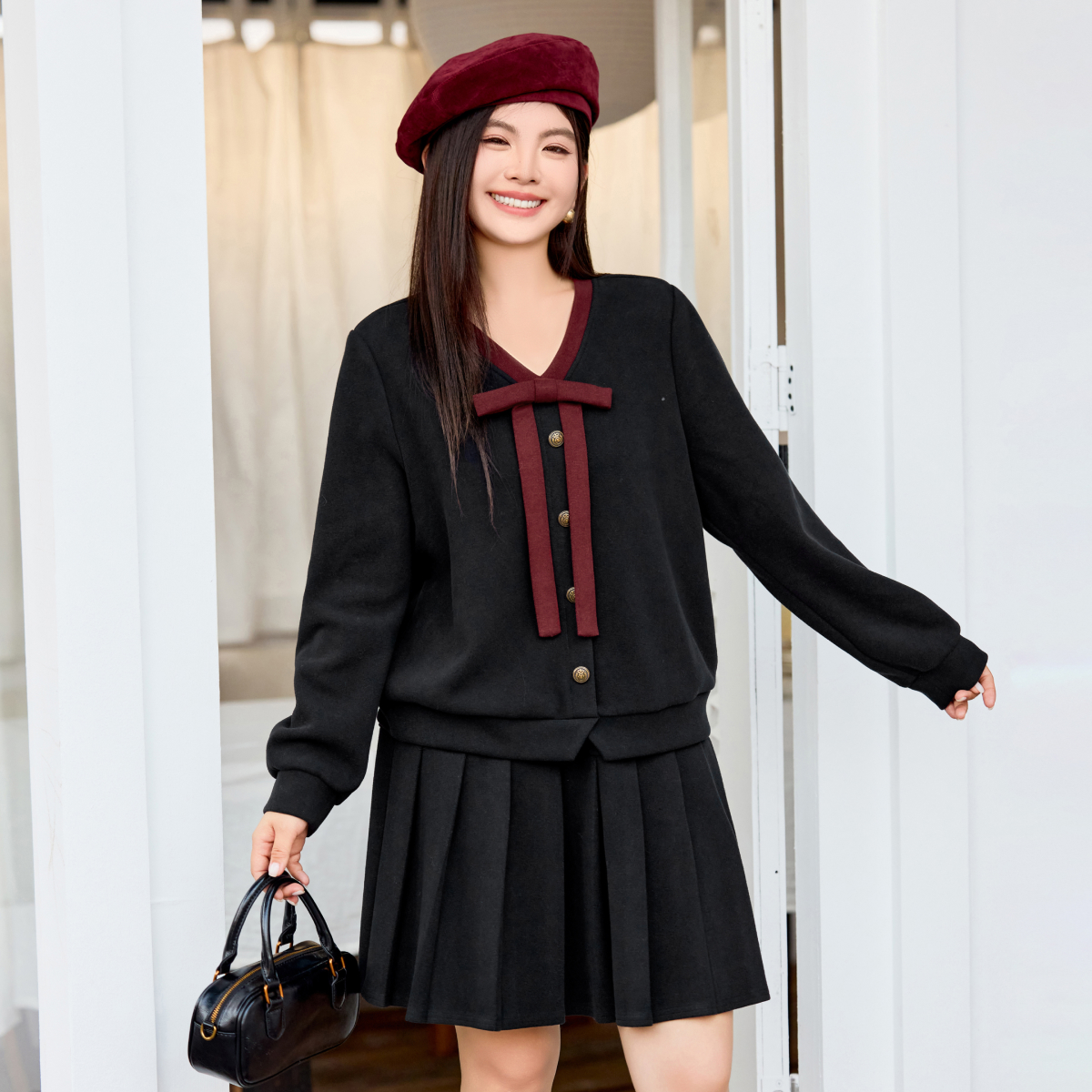 【磨毛针织套装】MsShe大码女装冬装蝴蝶结V领上衣短裙S2511014