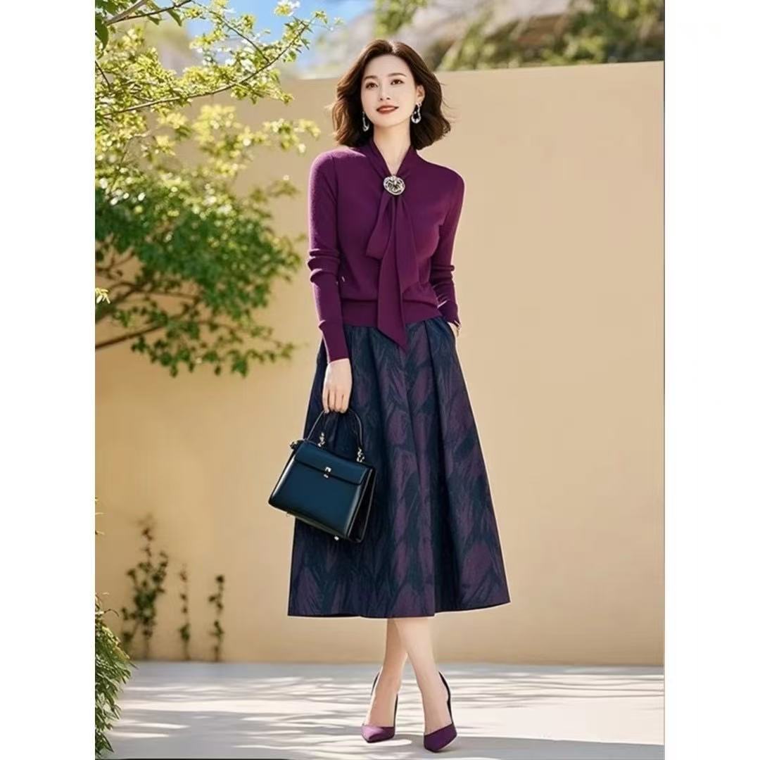 LEEDPRRE广岛之恋2025秋冬羊毛羊绒混纺上衣+蚕丝缎面半身裙套装