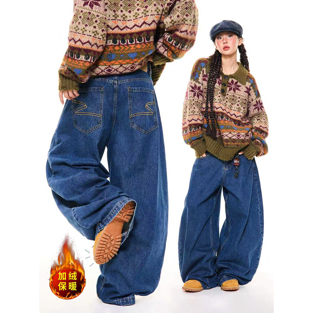美式复古做旧加绒加厚弯刀牛仔裤女松弛感宽松休闲拖地阔腿长裤子