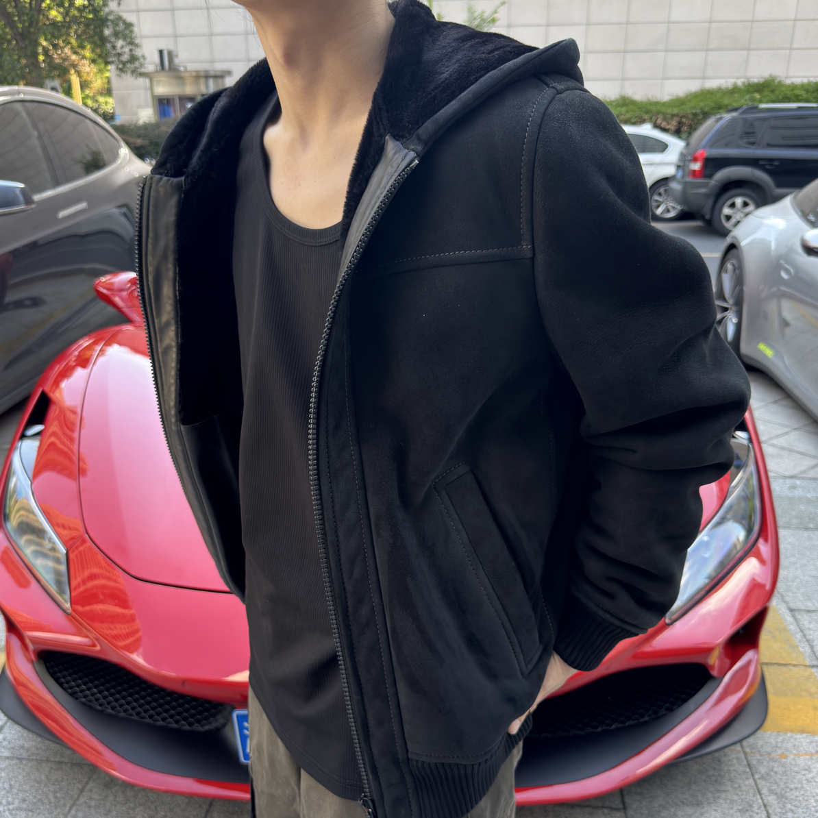 99新 Prada/普拉达 重磅皮毛一体羊毛皮草连帽夹克/50/工价73800