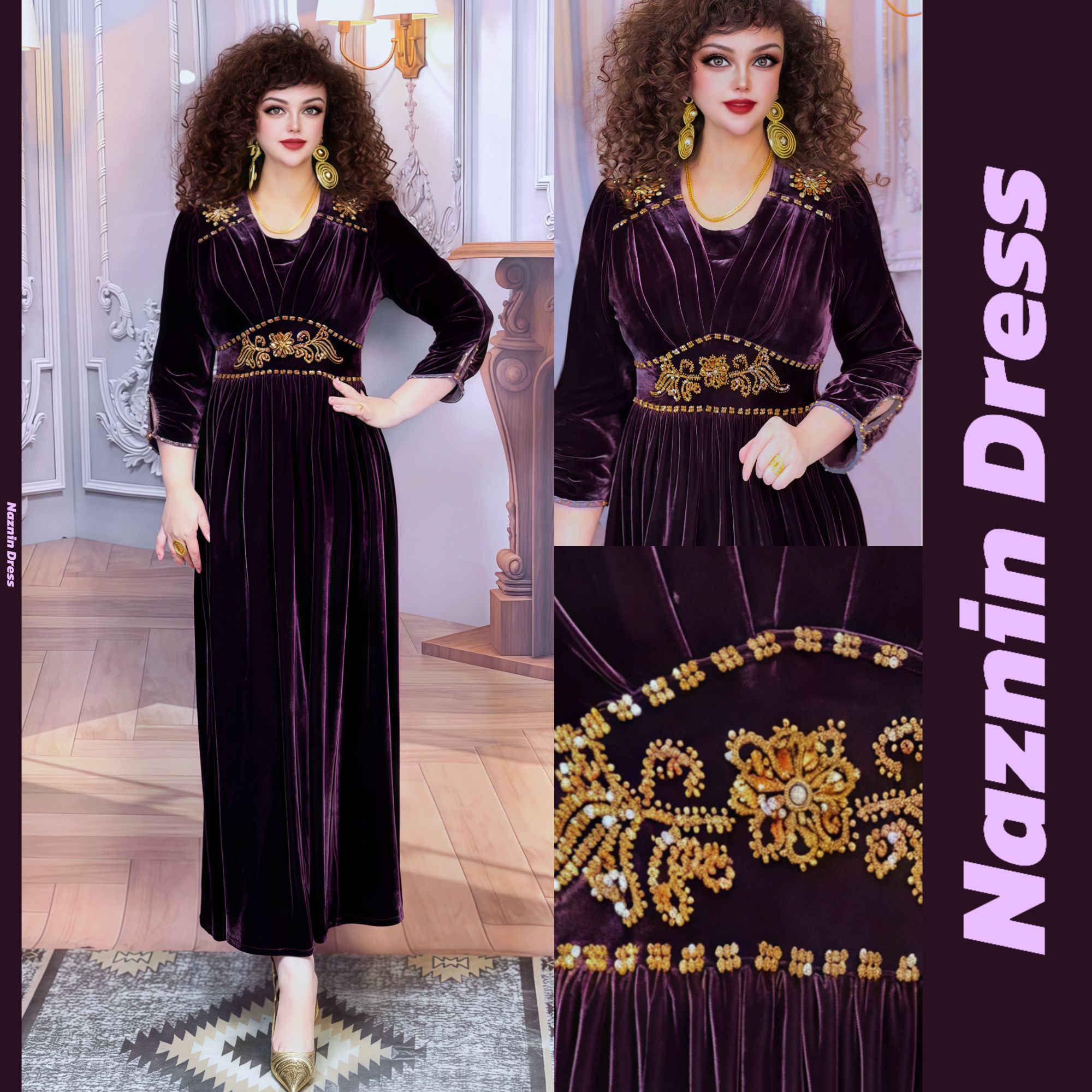 娜孜妮大码辣妈时尚女装｜圆领钻珠高腰金丝绒裙连衣裙裙子