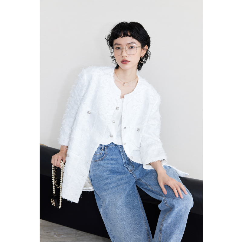 开间/立体流苏提花剪花 轻薄仙气羽毛感七分袖廓形小香外套小马甲