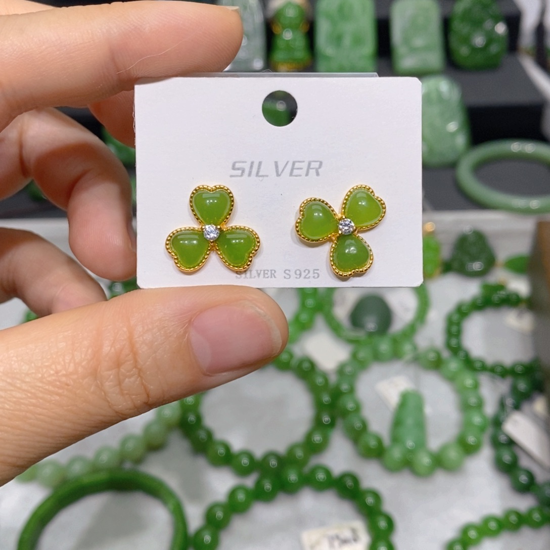 和田玉（碧玉）银S925镀金镶嵌耳饰
