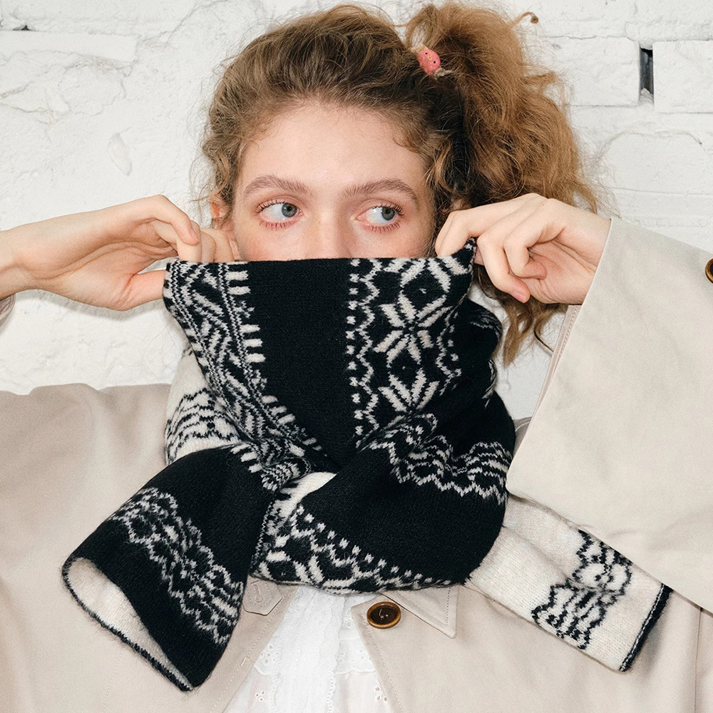 双面复古围巾女秋冬新款百搭保暖披肩费尔岛雪花学生护颈针织披肩