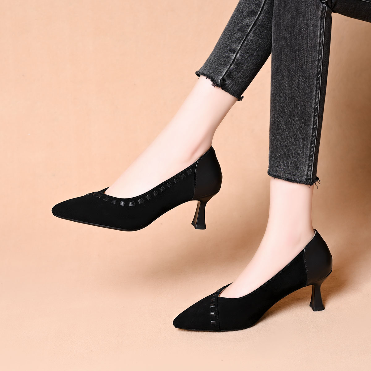 法式尖头浅口单鞋新款浅口黑色磨砂羊皮细跟高跟鞋中跟通勤工作鞋