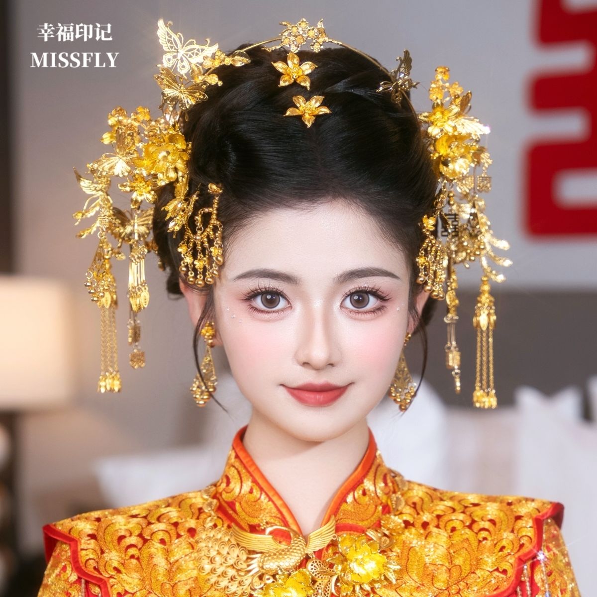 龙凤褂金色圣女冠新娘秀禾头饰旗袍新中式发饰发冠配饰品减龄简约