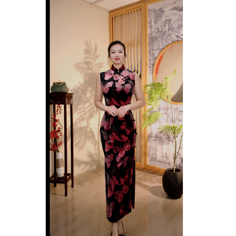 新款长旗袍中国风短袖斜襟旗袍中式长款宴会日常立领夏季旗袍群