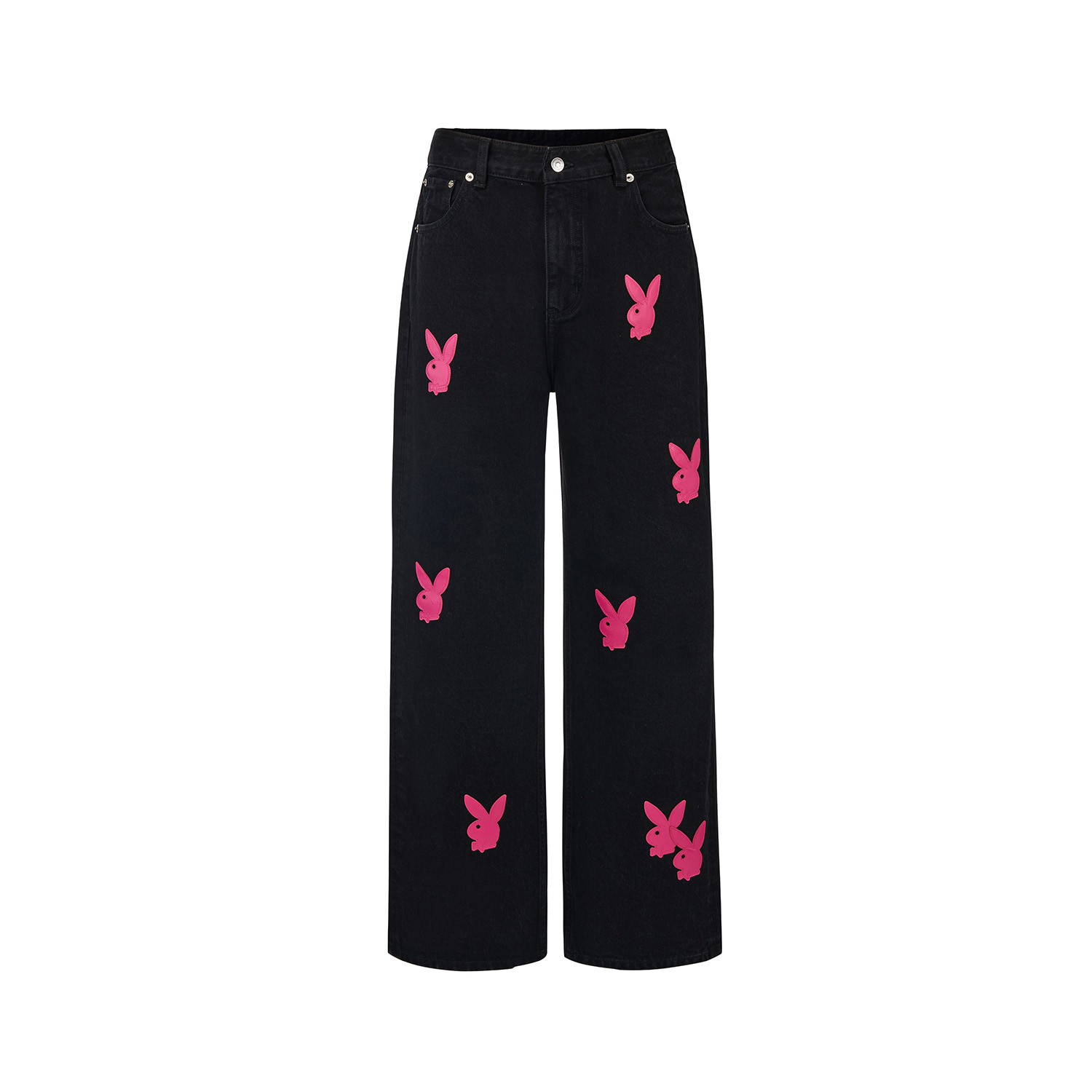 GB-GOODBRAND x PLAYBOY 2025FW 黑色满印粉色贴皮logo时尚牛仔裤