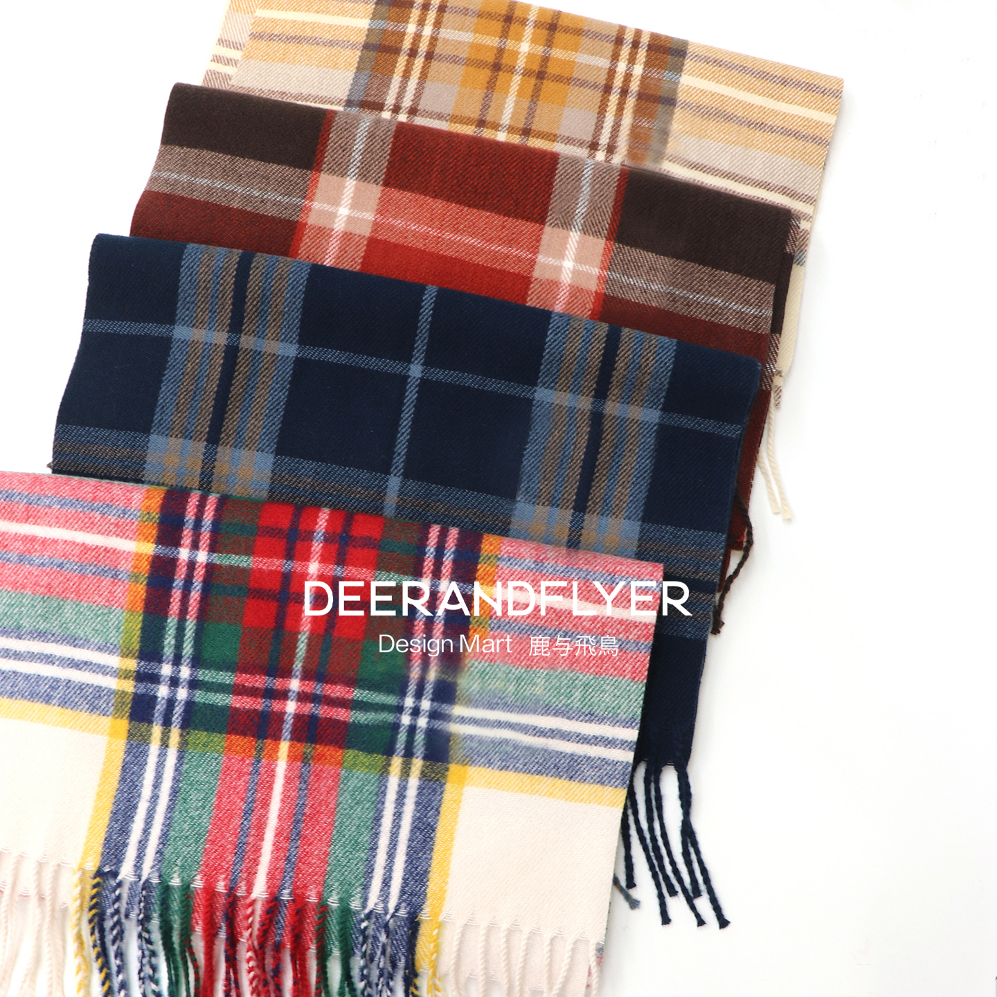 鹿与飞鸟“彩虹格”多色复古格纹保暖时髦长款流苏多色围巾ZP100