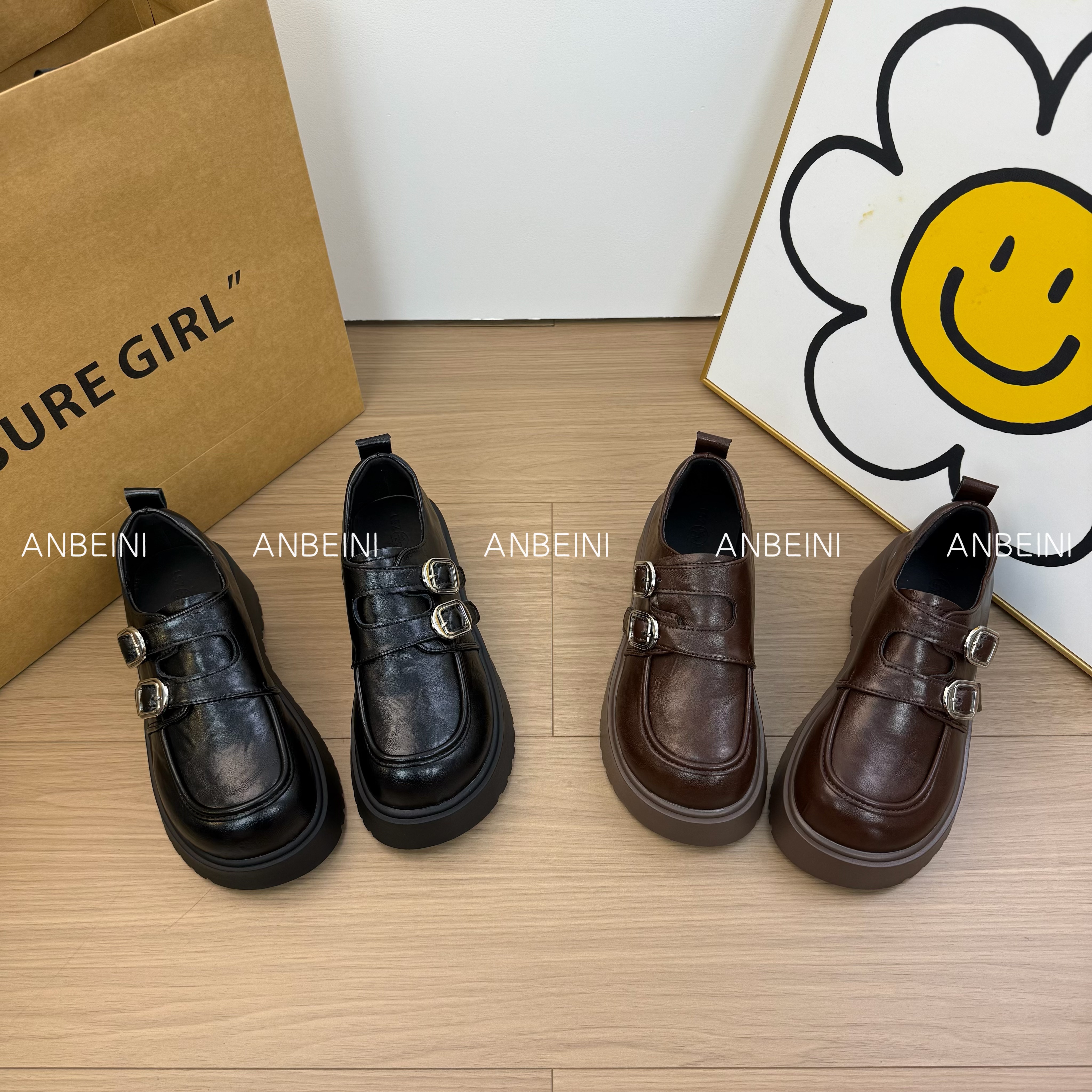 厚底乐福鞋女秋2025新款舒适软底英伦风双扣小个子增高粗跟小皮鞋