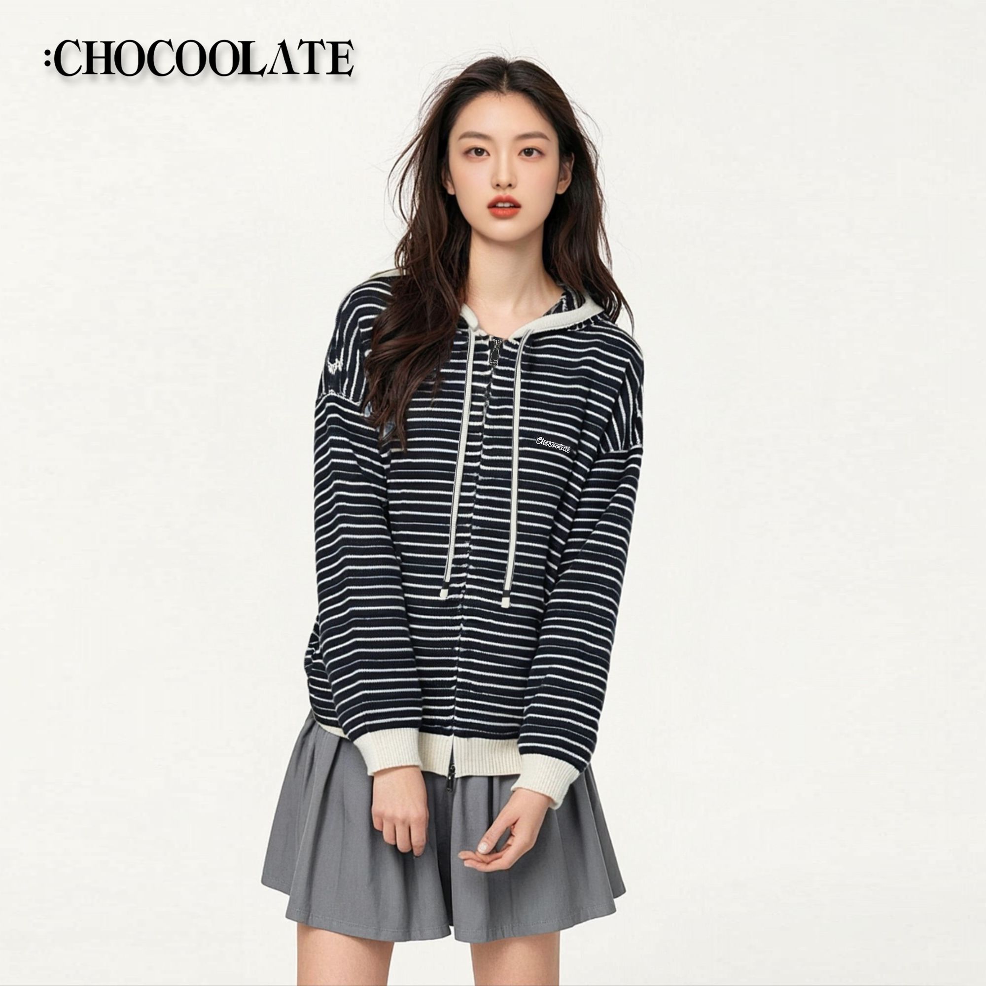 it：CHOCOOLATE撞色条纹连帽针织开衫外套6163-1330315