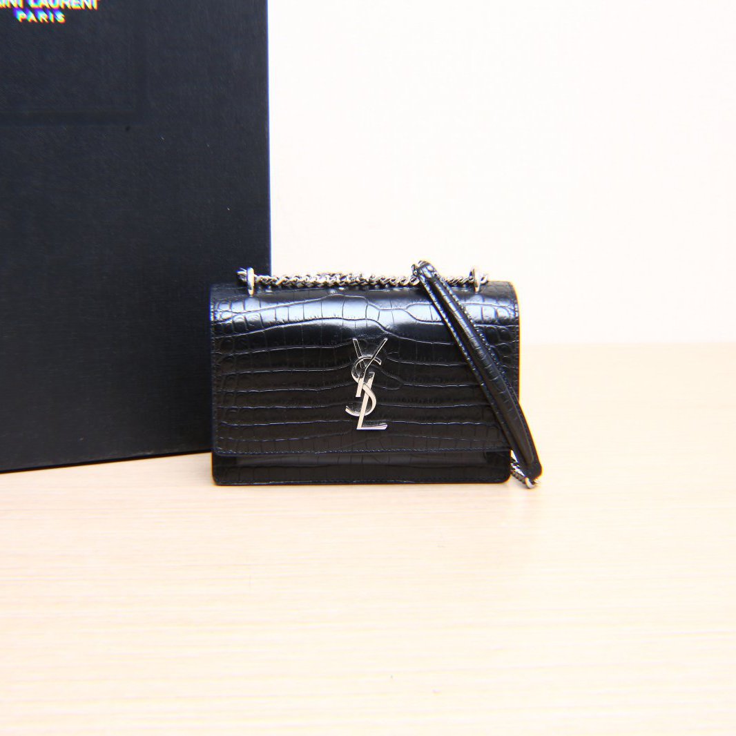 99新 YSL/圣罗兰 -288【小花Han】日落包 Woc 鳄鳄压纹黑色