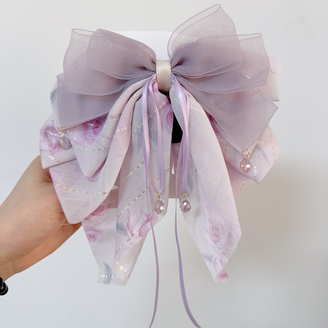 仙气多层碎花蝴蝶结马尾夹时尚飘逸飘带抓夹拼色百搭鲨鱼发夹4395