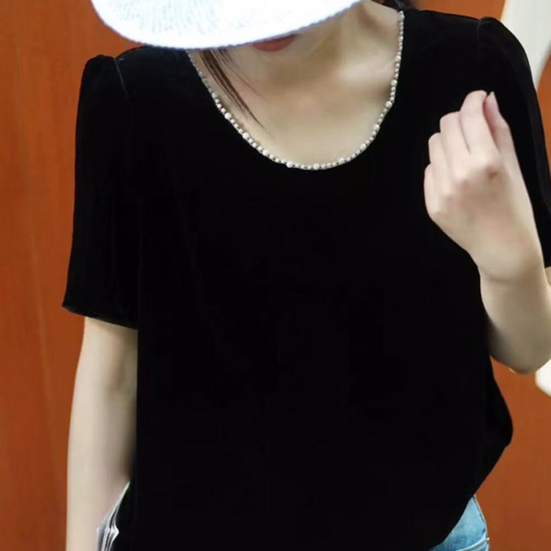 夏季新款高端轻奢后背蕾丝拼接钉珠圆领真丝丝绒短袖衬衫女