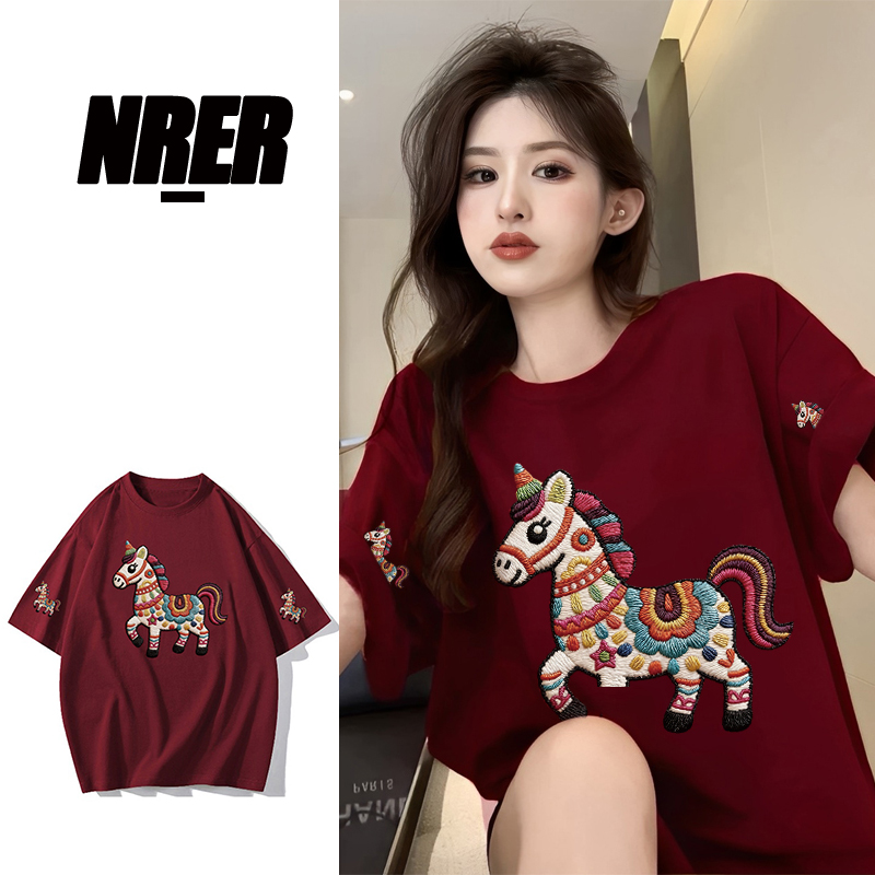 FNFE新春小马纯棉男女同款宽松版港风夏季短袖t恤韩版圆领体恤