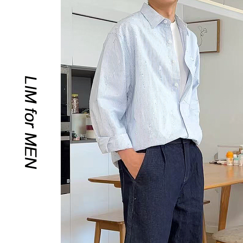 男条纹长袖秋季宽松简约长袖衬衫男装套装夏季宽松