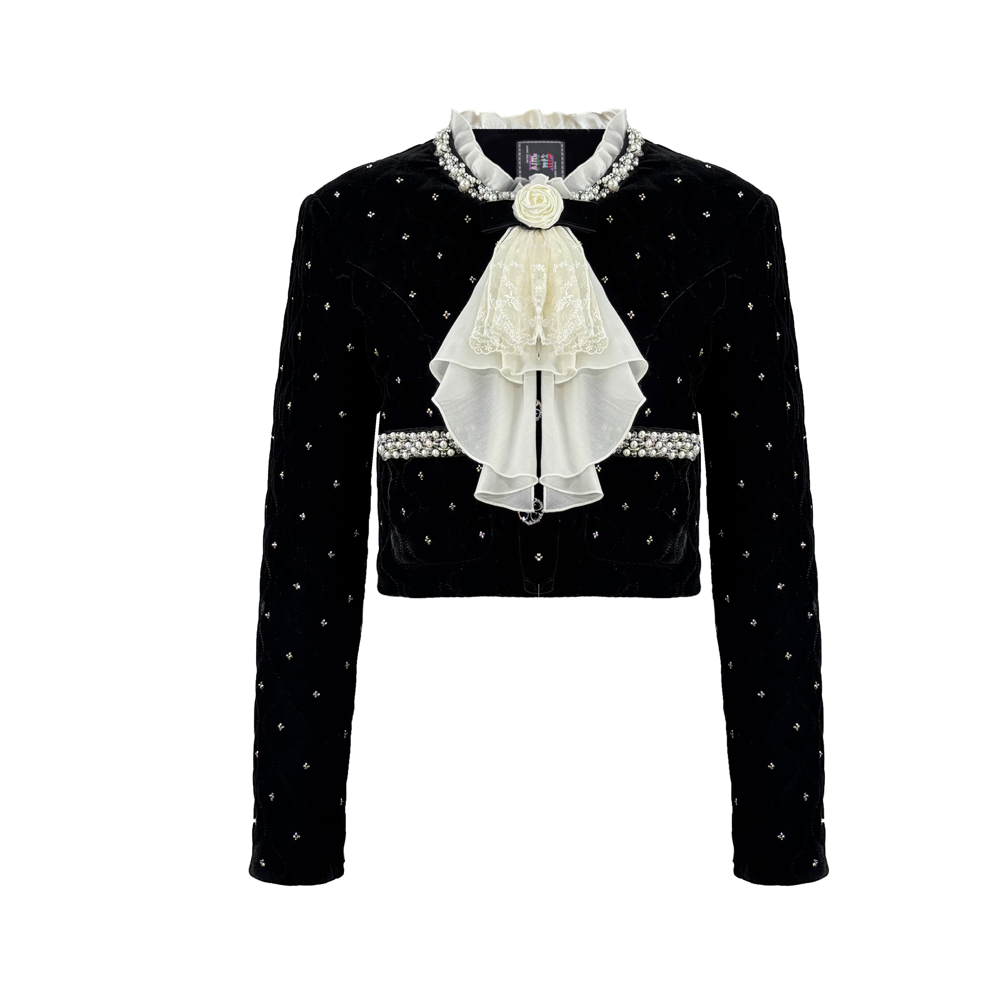 精致珠绣装饰边丝绒撞色绗棉短外套15413802A