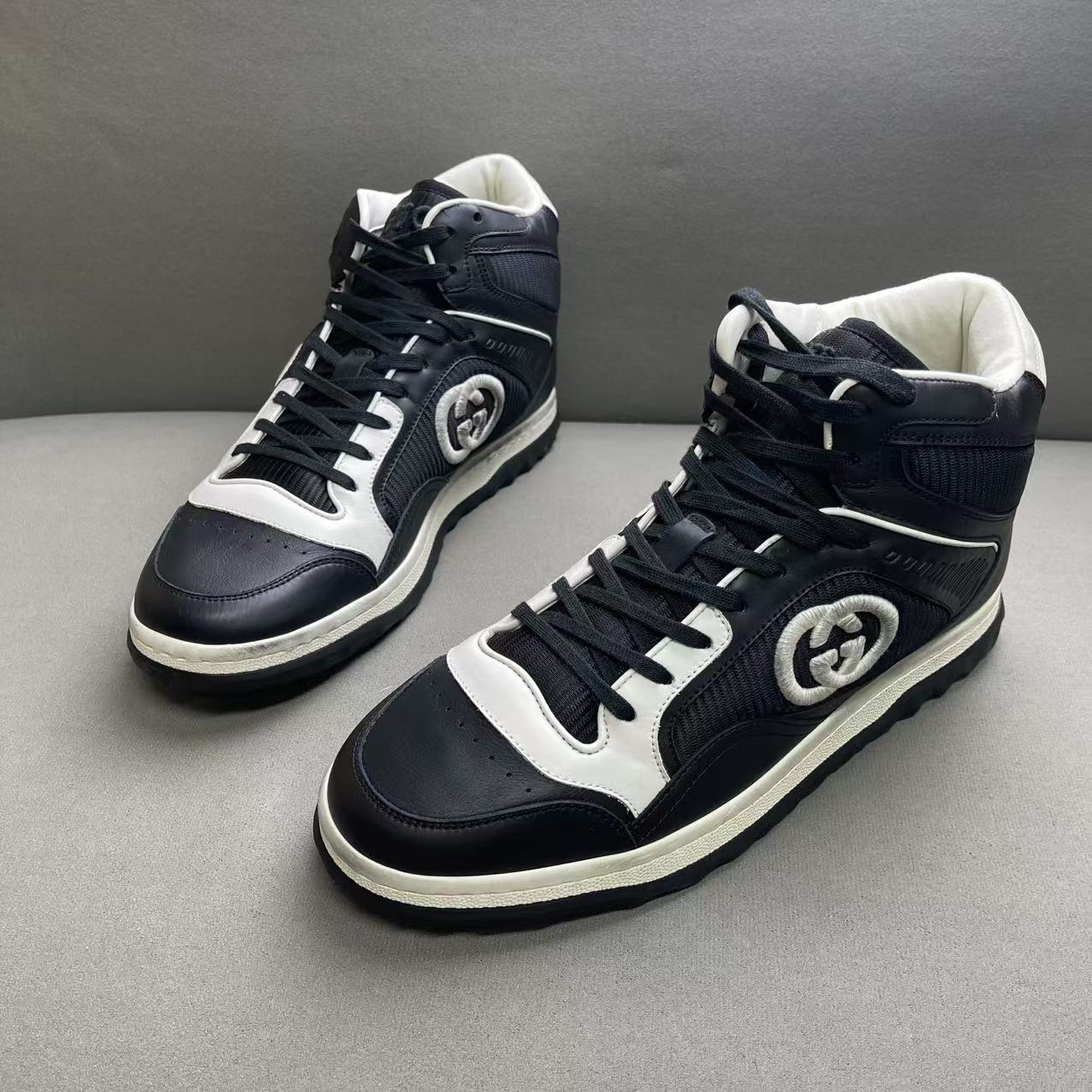 未使用 GUCCI/古驰 黑色皮革网面拼接刺绣大logo高帮板鞋 多尺码