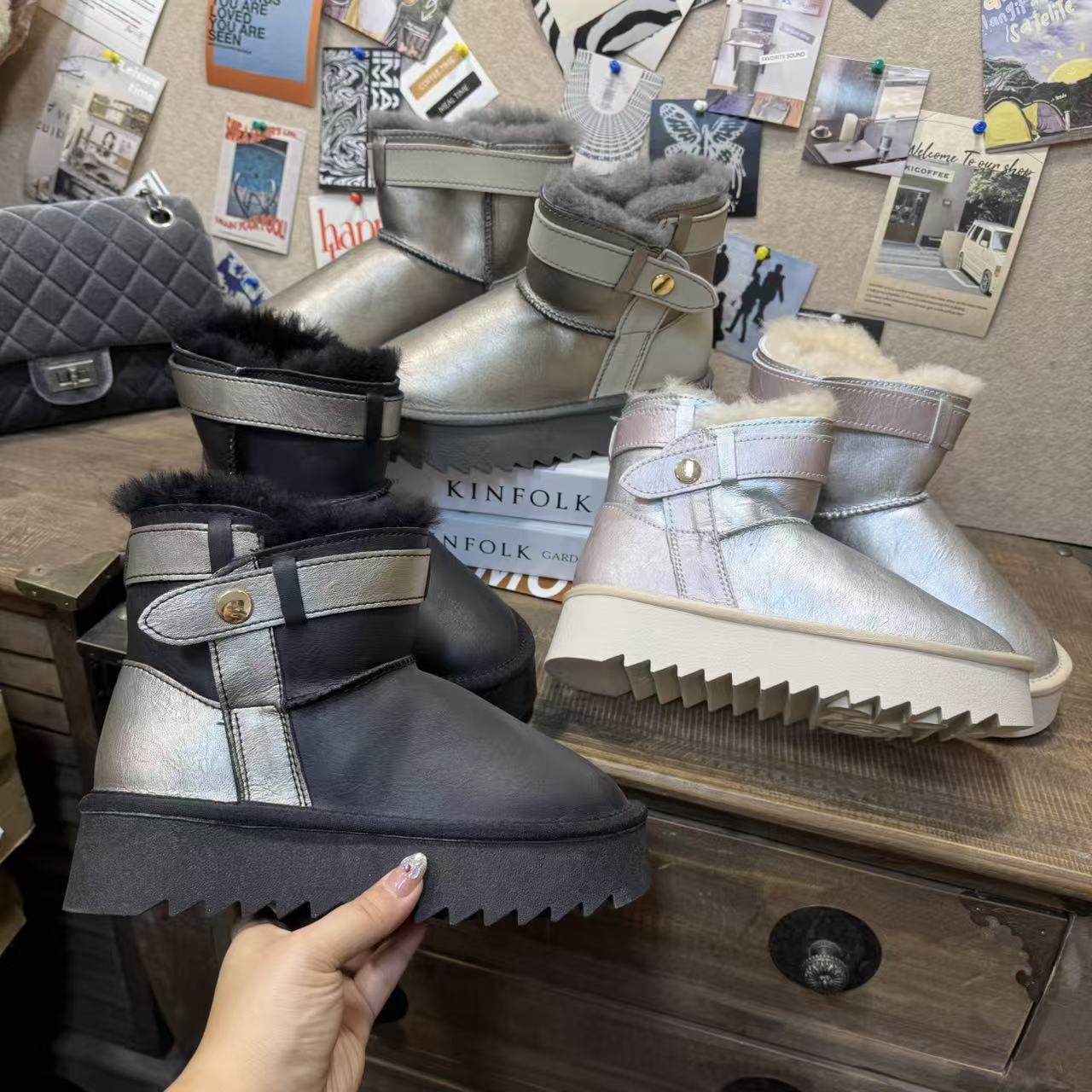 寒冬主推！拼色防滑雪地靴 牛皮羊毛 橡胶防滑底250-5