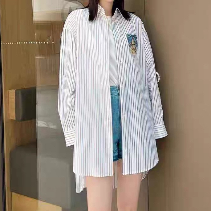 不退换 时尚简约气质通勤条纹宽松长袖衬衫5301070