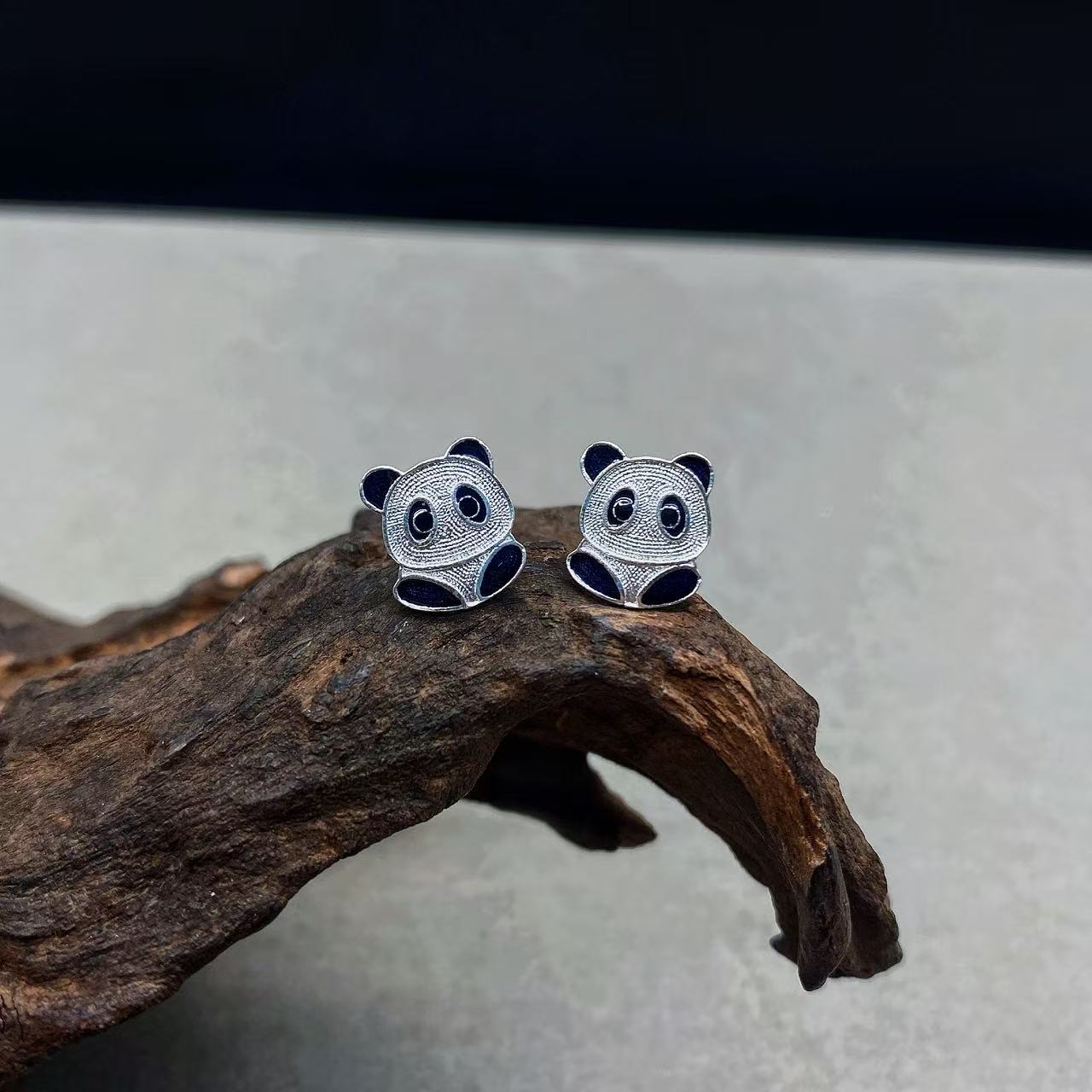 足银耳饰 足银花丝小熊猫耳钉