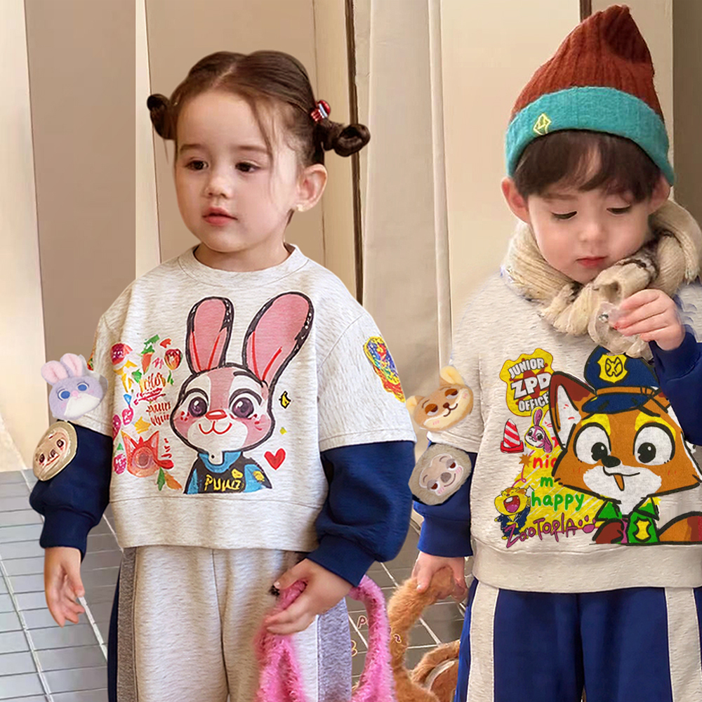 童装2025秋冬新款男童小童韩版动漫涂鸦拼色加绒卫衣卫裤套装