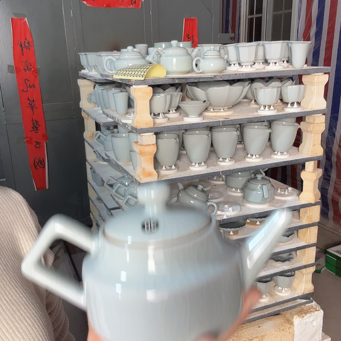 风***摆件陶汝瓷将军壶支钉烧仿古月白釉微瑕30