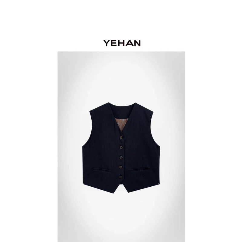 YEHAN 苎麻深藏青色马甲 2025秋季新款NEW