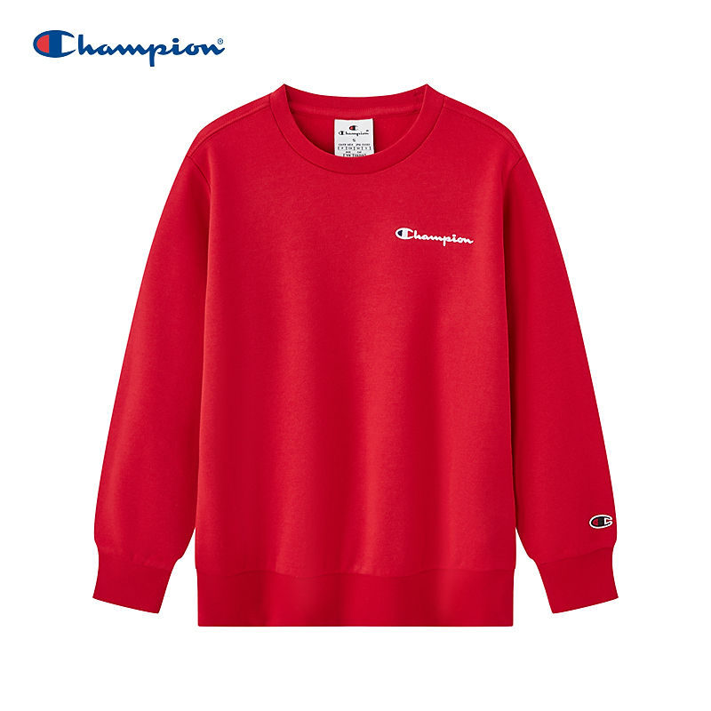 Champion冠军童装经典简约风加绒内搭圆领红色套头运动卫衣306883