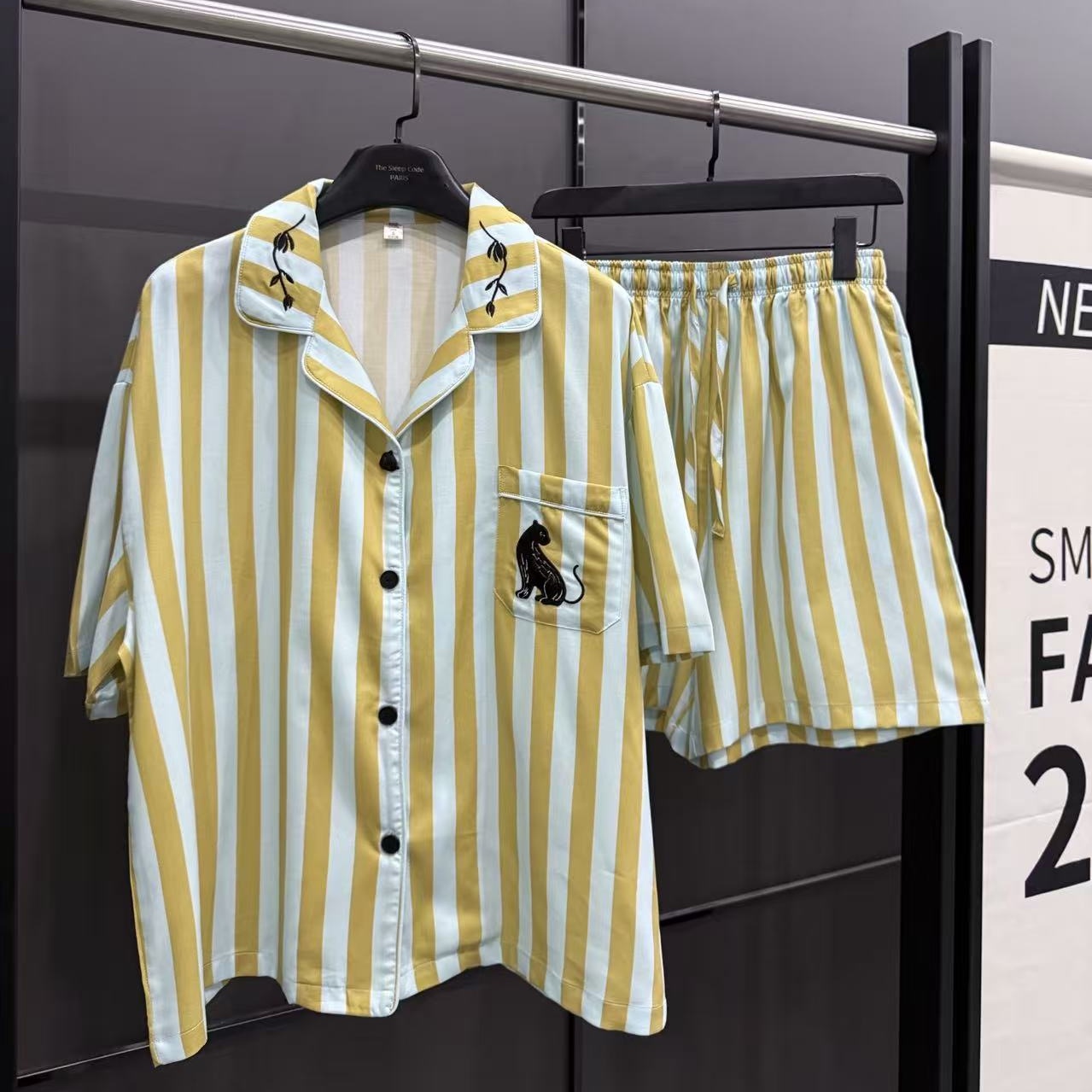 【T-蓝绿条纹黑豹-男女同款】 新款可外穿天丝棉居家服睡衣套装